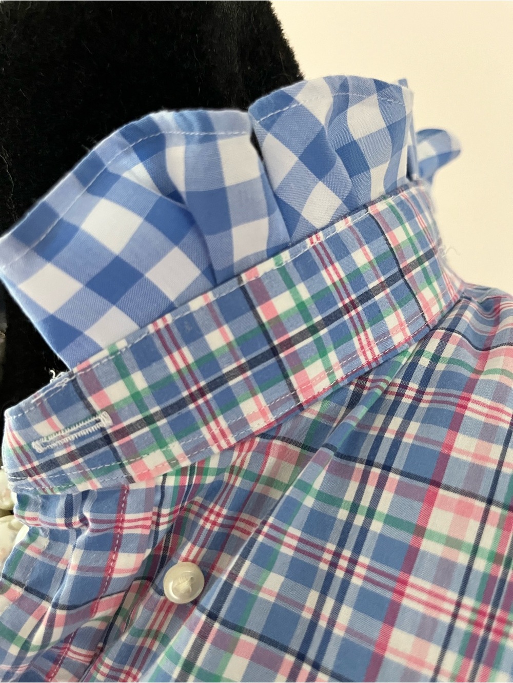 Refashioned Ralph Lauren Plaid Button-Up with Lt Blue Gingham Ruffle Collar